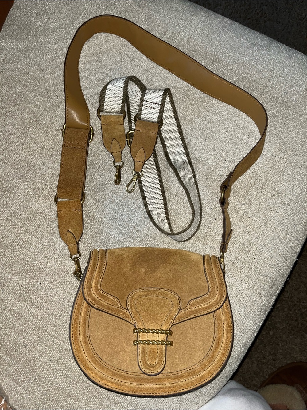 Zara Tan Suede Crossbody Saddle Bag with Removable Strap